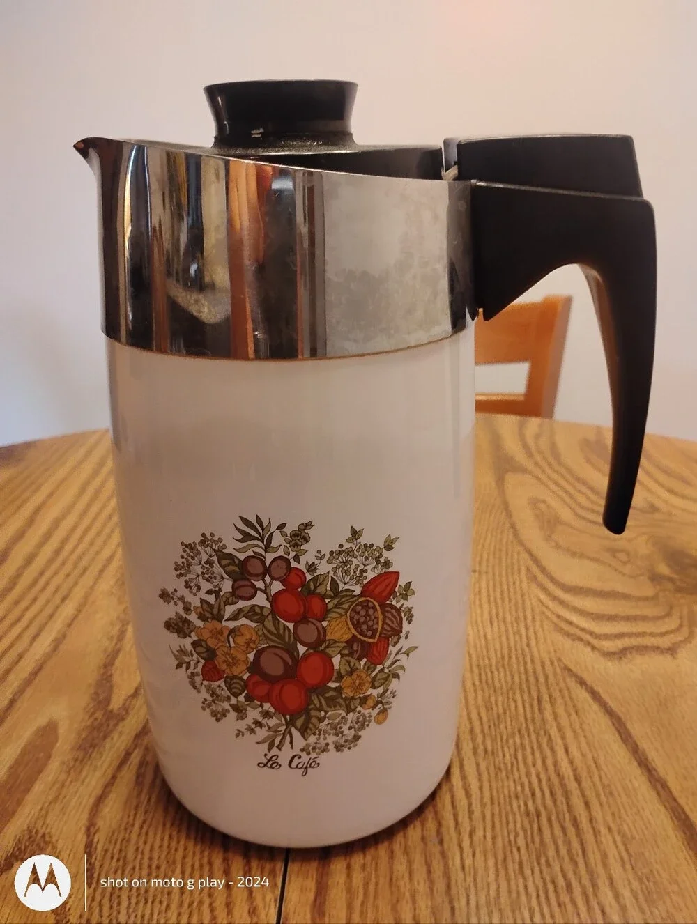 Corningware White Coffee Carafe with Black Handle and Chrome Top Band